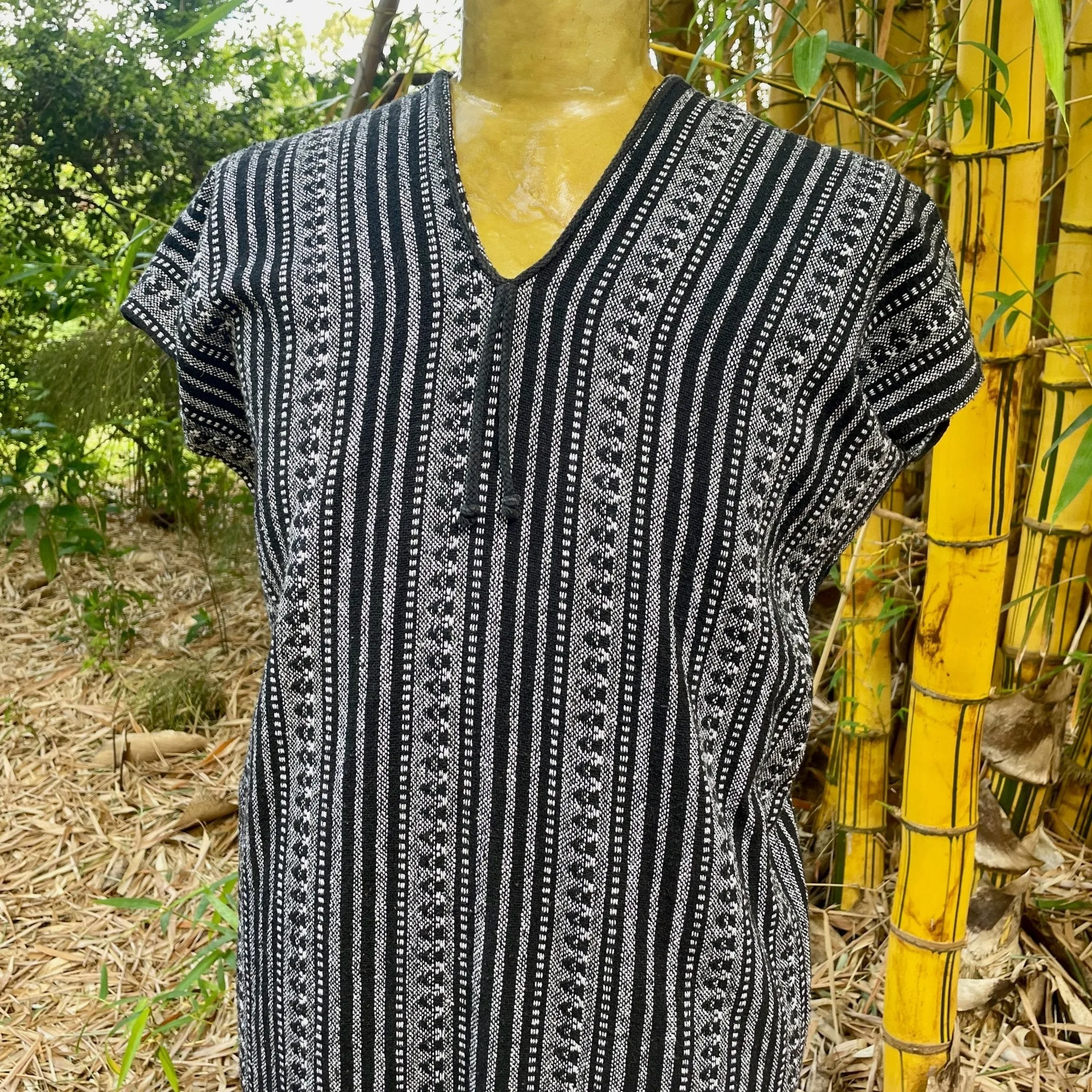 1970's Vintage Unisex Woven Handmade Black White Striped Guatemalan Pullover Poncho Top Sz S - OOAK