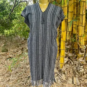 1970's Vintage Unisex Woven Handmade Black White Striped Guatemalan Pullover Poncho Top Sz S - OOAK