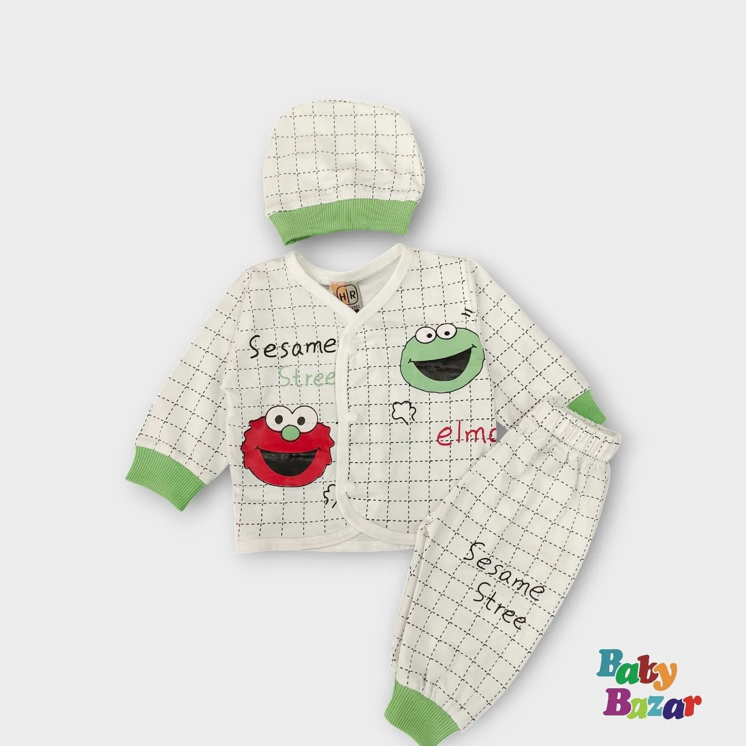 3-Piece Baby Summer Outfit – Sesame Street Theme (Shirt, Pants, Hat) - White & Green