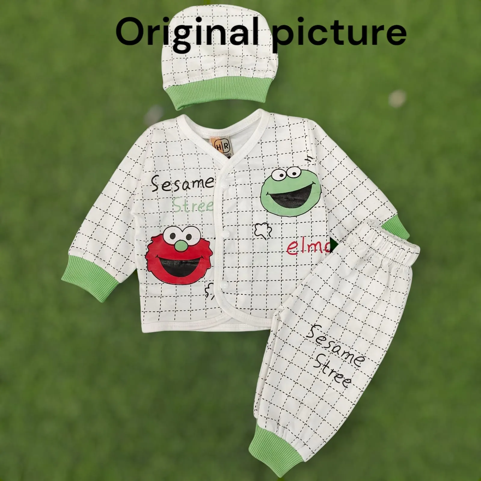 3-Piece Baby Summer Outfit – Sesame Street Theme (Shirt, Pants, Hat) - White & Green
