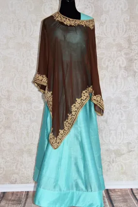 501394- Blue Georgette Silk Floor Length Dress Suit With Brown Poncho Top