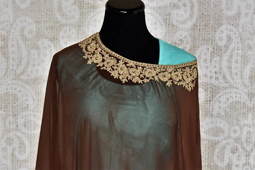 501394- Blue Georgette Silk Floor Length Dress Suit With Brown Poncho Top