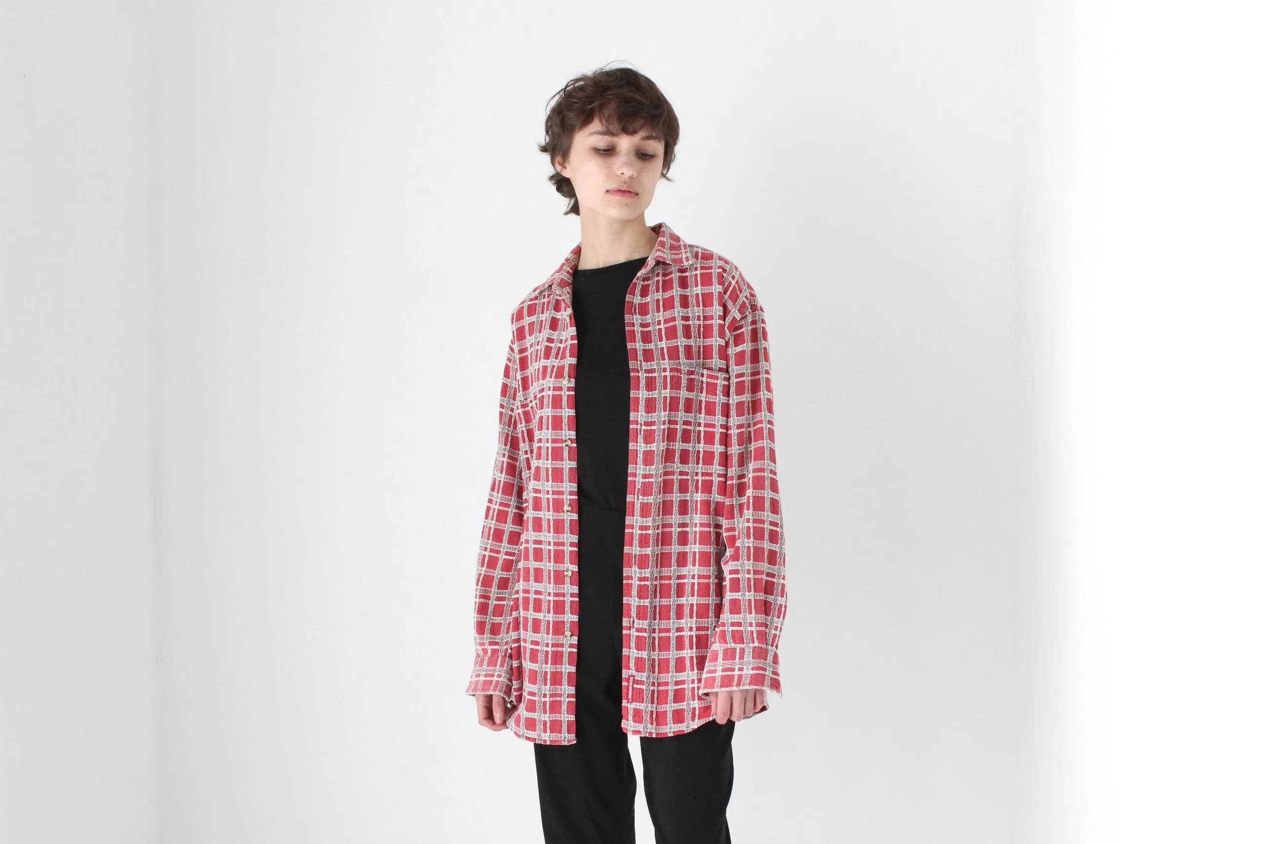90s Woven Cotton Checked Oversized Shirt