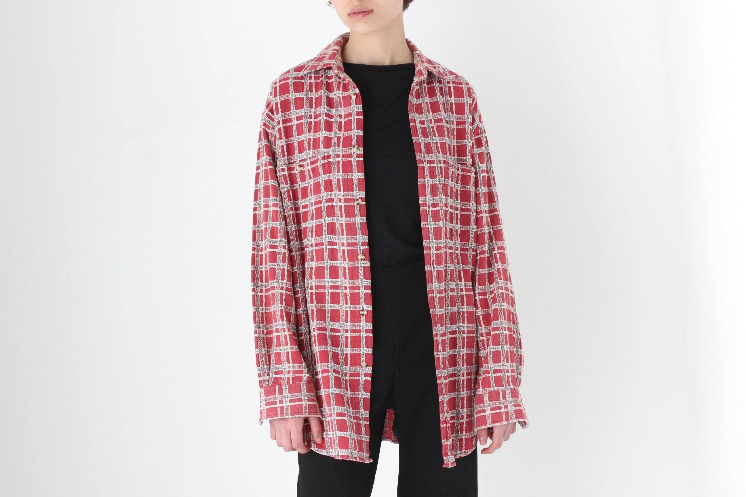 90s Woven Cotton Checked Oversized Shirt