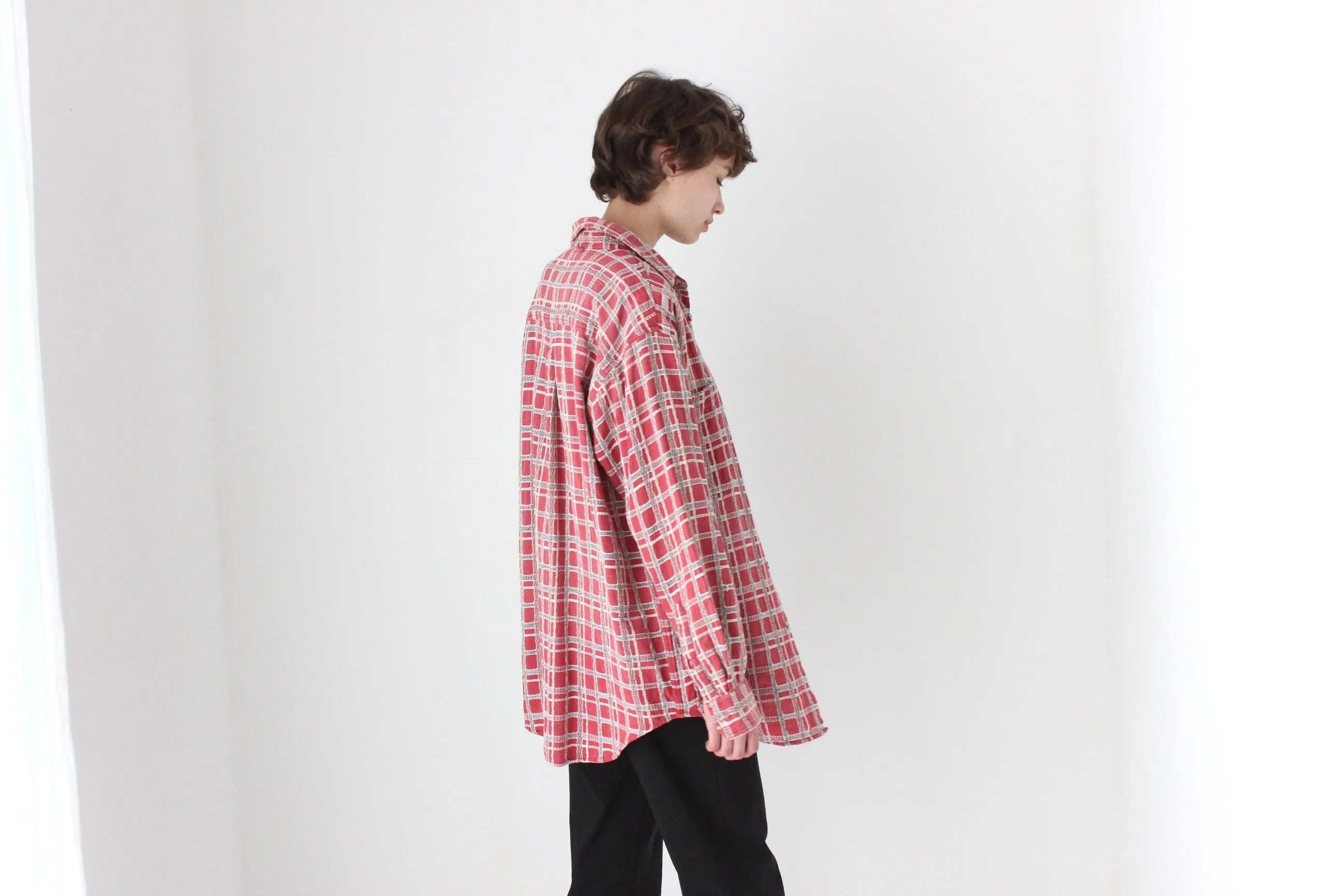 90s Woven Cotton Checked Oversized Shirt