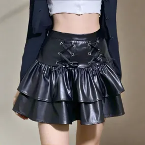 Acubi Aesthetic Black Faux Leather Lace-Up Mini Skirt - Y2K Fashion