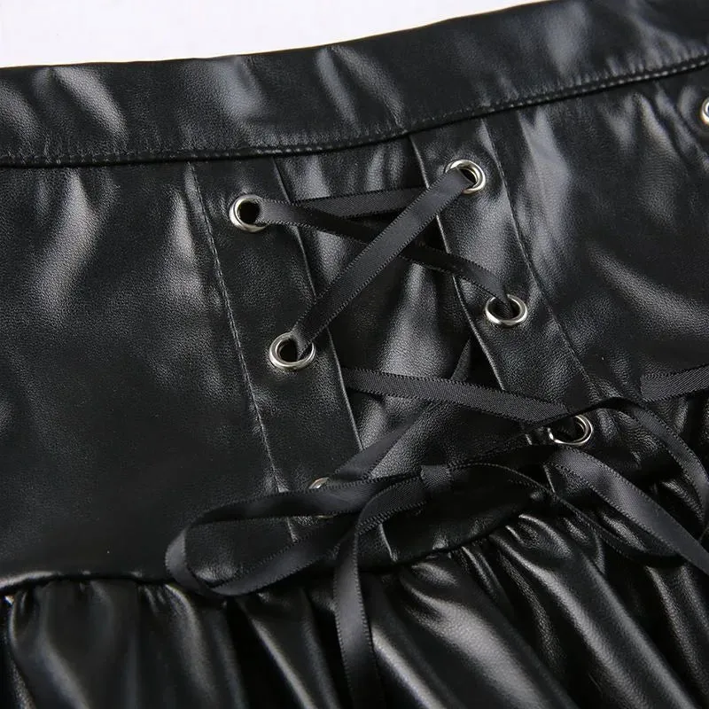 Acubi Aesthetic Black Faux Leather Lace-Up Mini Skirt - Y2K Fashion
