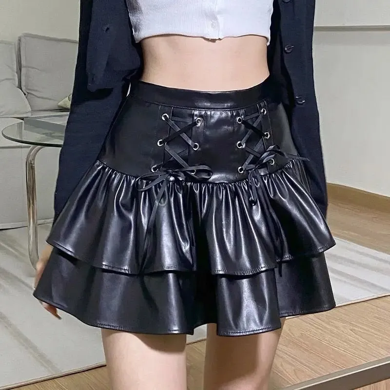Acubi Aesthetic Black Faux Leather Lace-Up Mini Skirt - Y2K Fashion