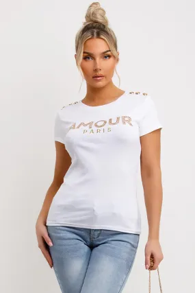 Amour Paris Diamante T Shirt White