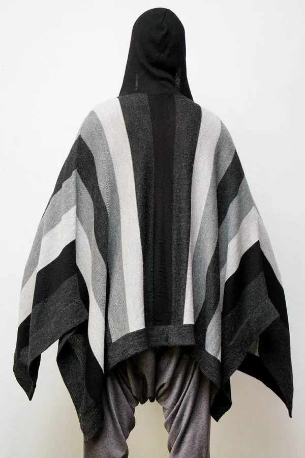 anita striped alpaca poncho - black / grey / charcoal