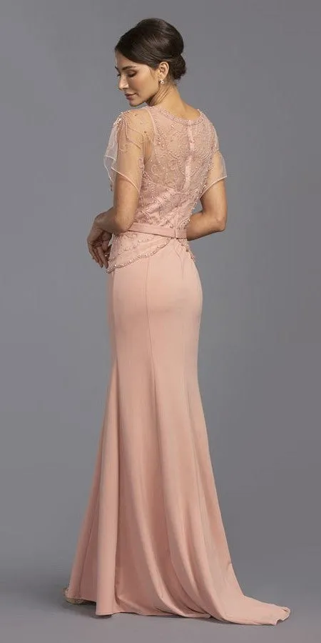 Aspeed M2136 Short Illusion Sleeves Beaded Long A-Line Dress