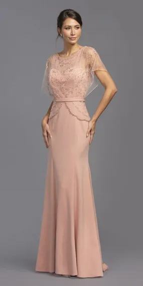 Aspeed M2136 Short Illusion Sleeves Beaded Long A-Line Dress