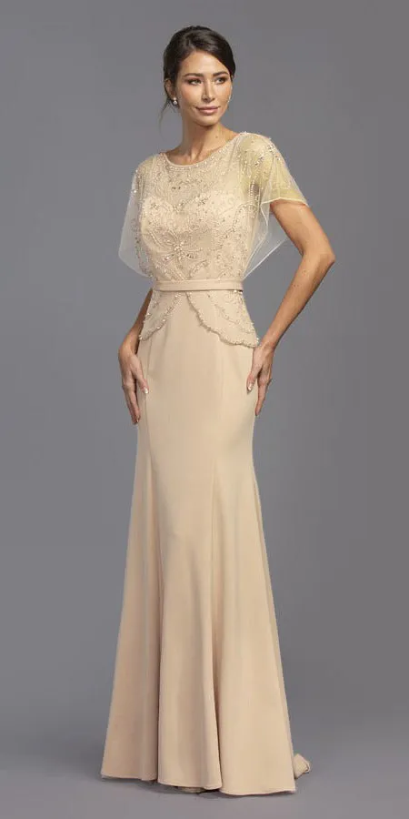 Aspeed M2136 Short Illusion Sleeves Beaded Long A-Line Dress