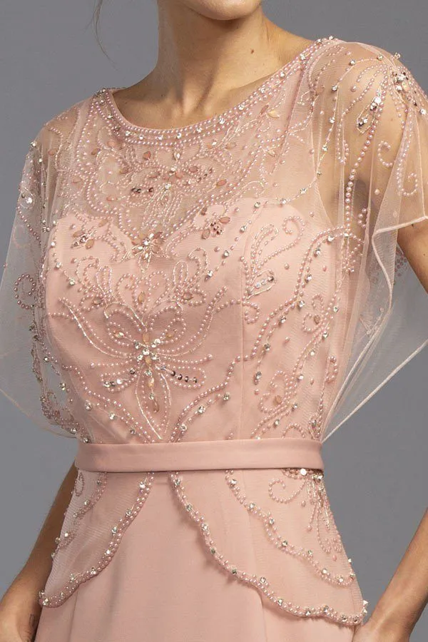 Aspeed M2136 Short Illusion Sleeves Beaded Long A-Line Dress