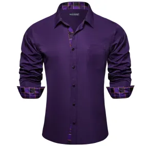 Barry Wang Purple Shirt Solid and Plaid Splicing Long Sleeve Silk Shirt