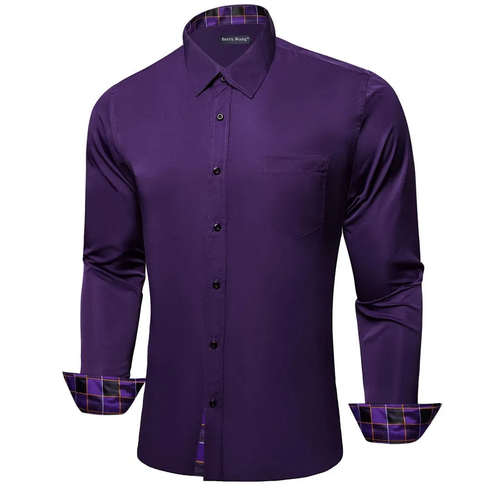 Barry Wang Purple Shirt Solid and Plaid Splicing Long Sleeve Silk Shirt