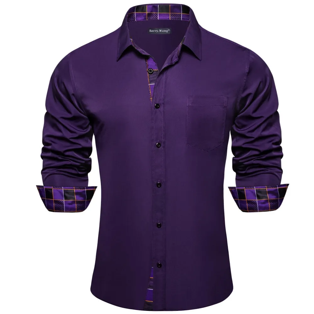 Barry Wang Purple Shirt Solid and Plaid Splicing Long Sleeve Silk Shirt