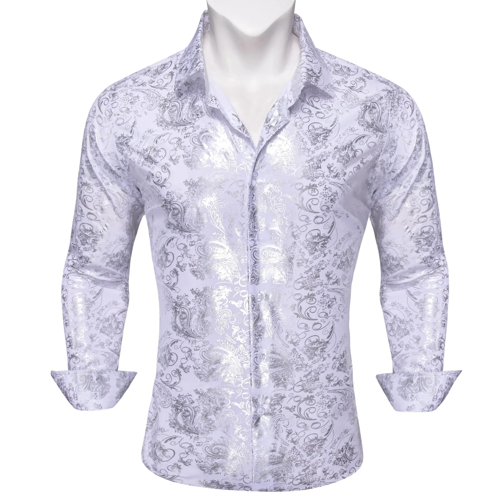 Barry Wang White Shirt Silver Pattern Men's Novelty Long Sleeve Shirt