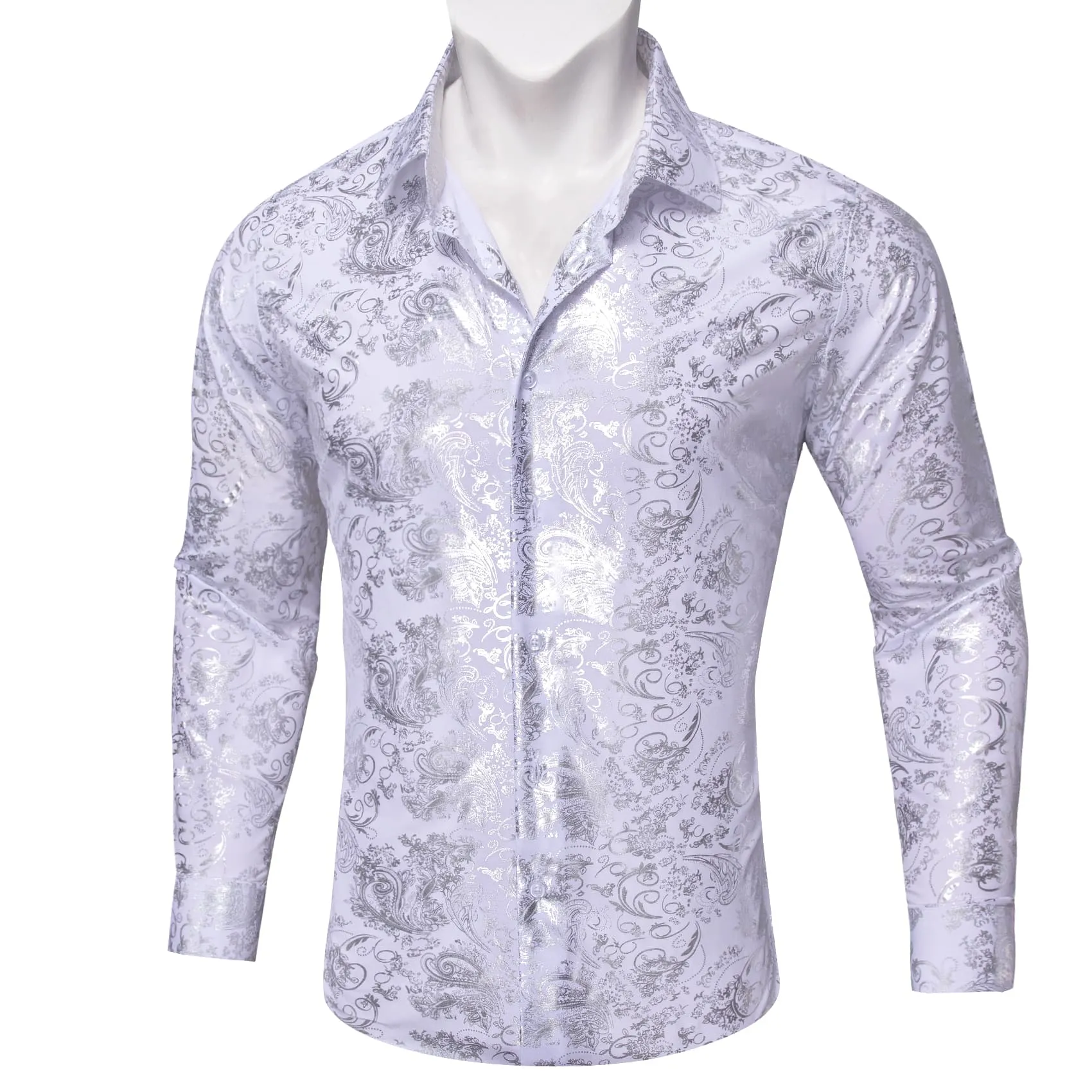 Barry Wang White Shirt Silver Pattern Men's Novelty Long Sleeve Shirt