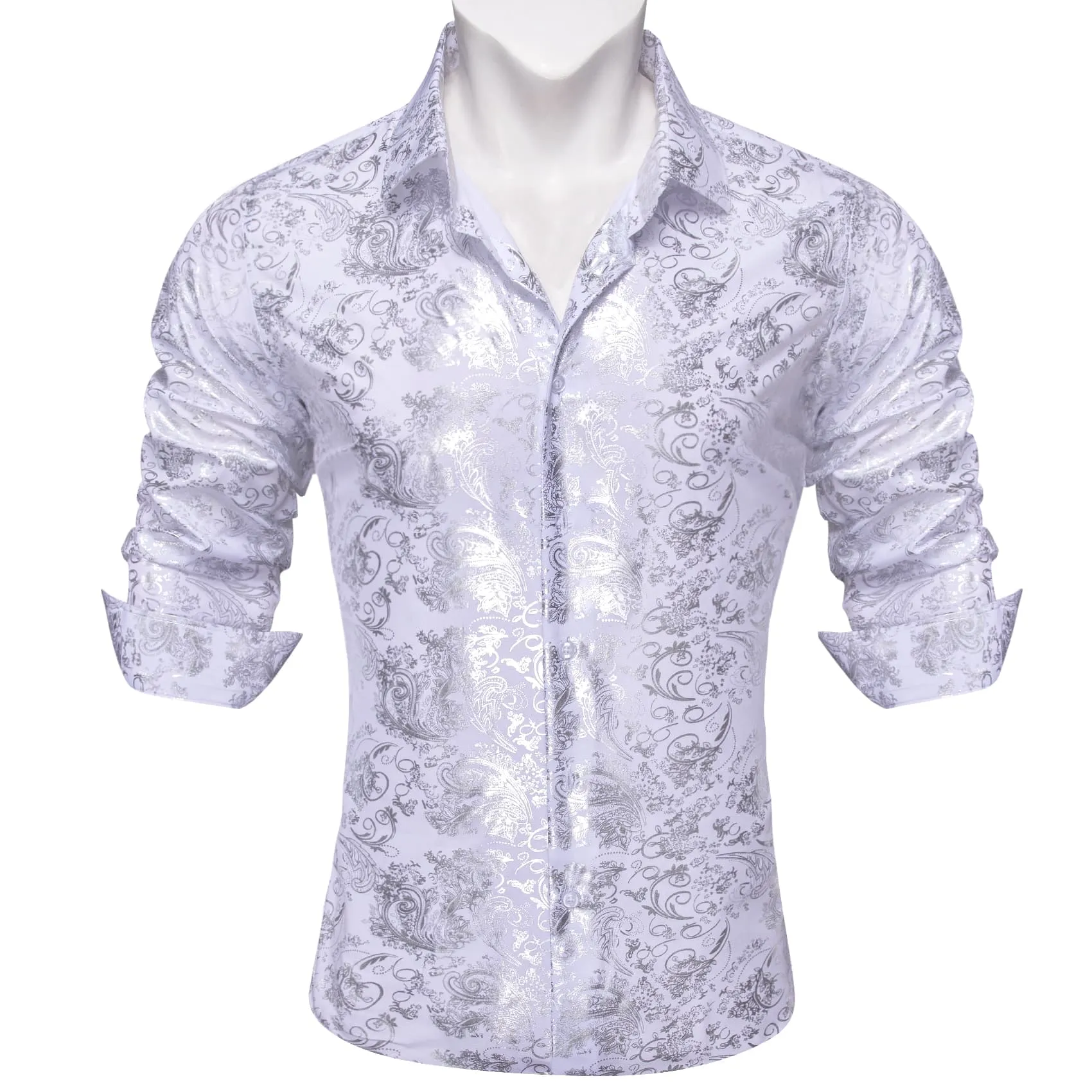 Barry Wang White Shirt Silver Pattern Men's Novelty Long Sleeve Shirt