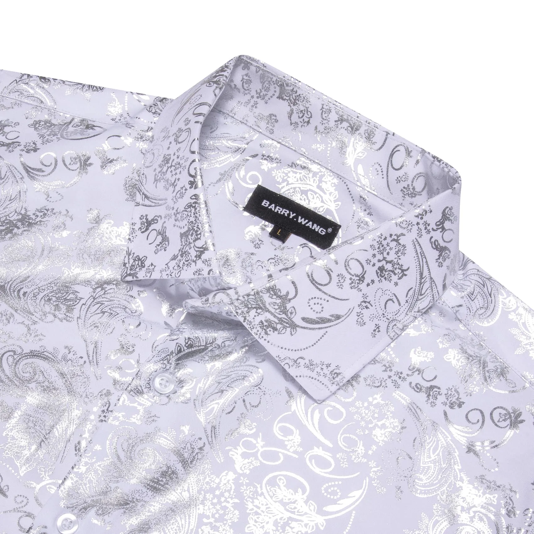 Barry Wang White Shirt Silver Pattern Men's Novelty Long Sleeve Shirt