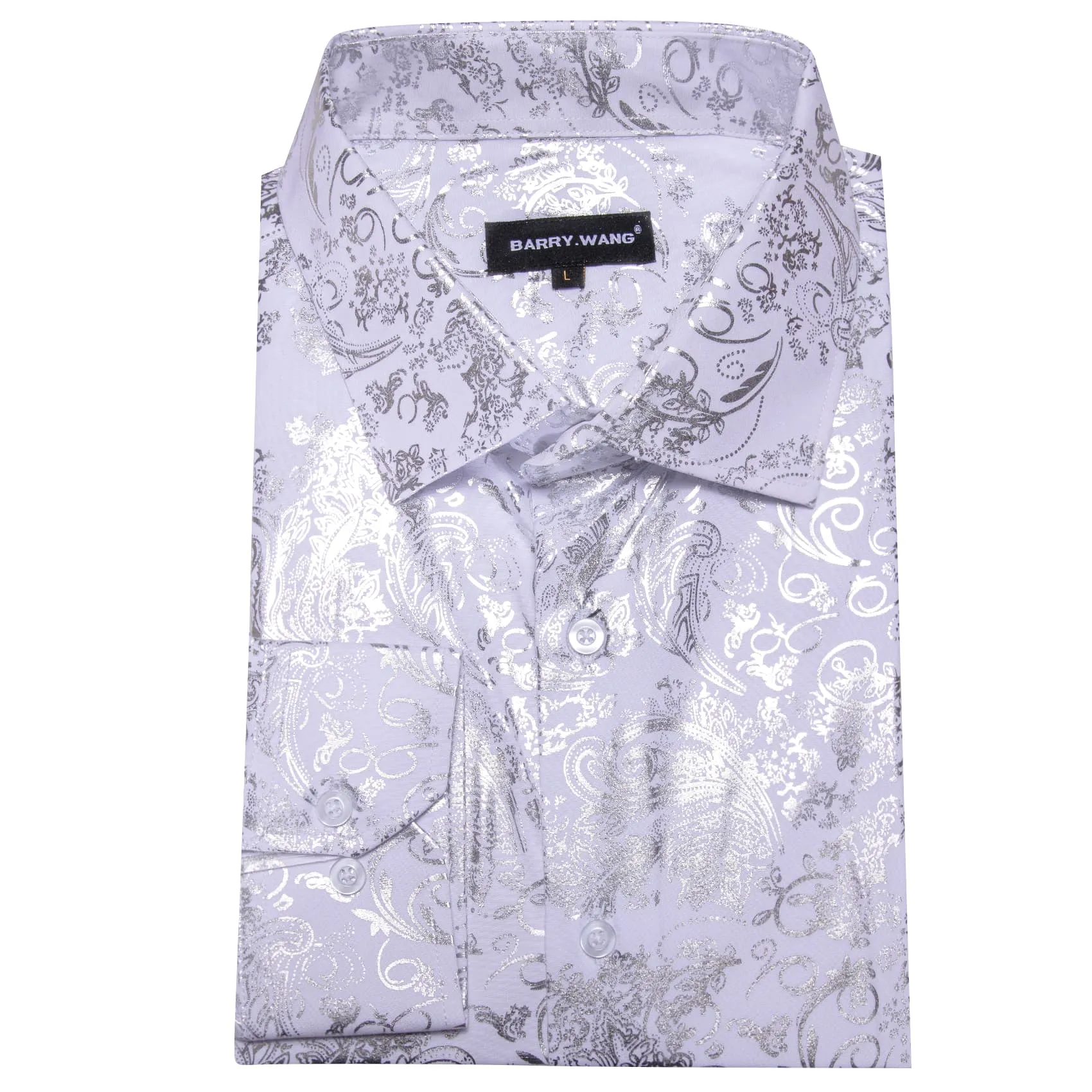 Barry Wang White Shirt Silver Pattern Men's Novelty Long Sleeve Shirt