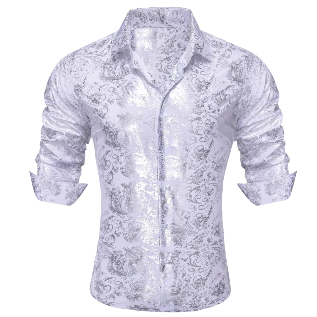 Barry Wang White Shirt Silver Pattern Men's Novelty Long Sleeve Shirt