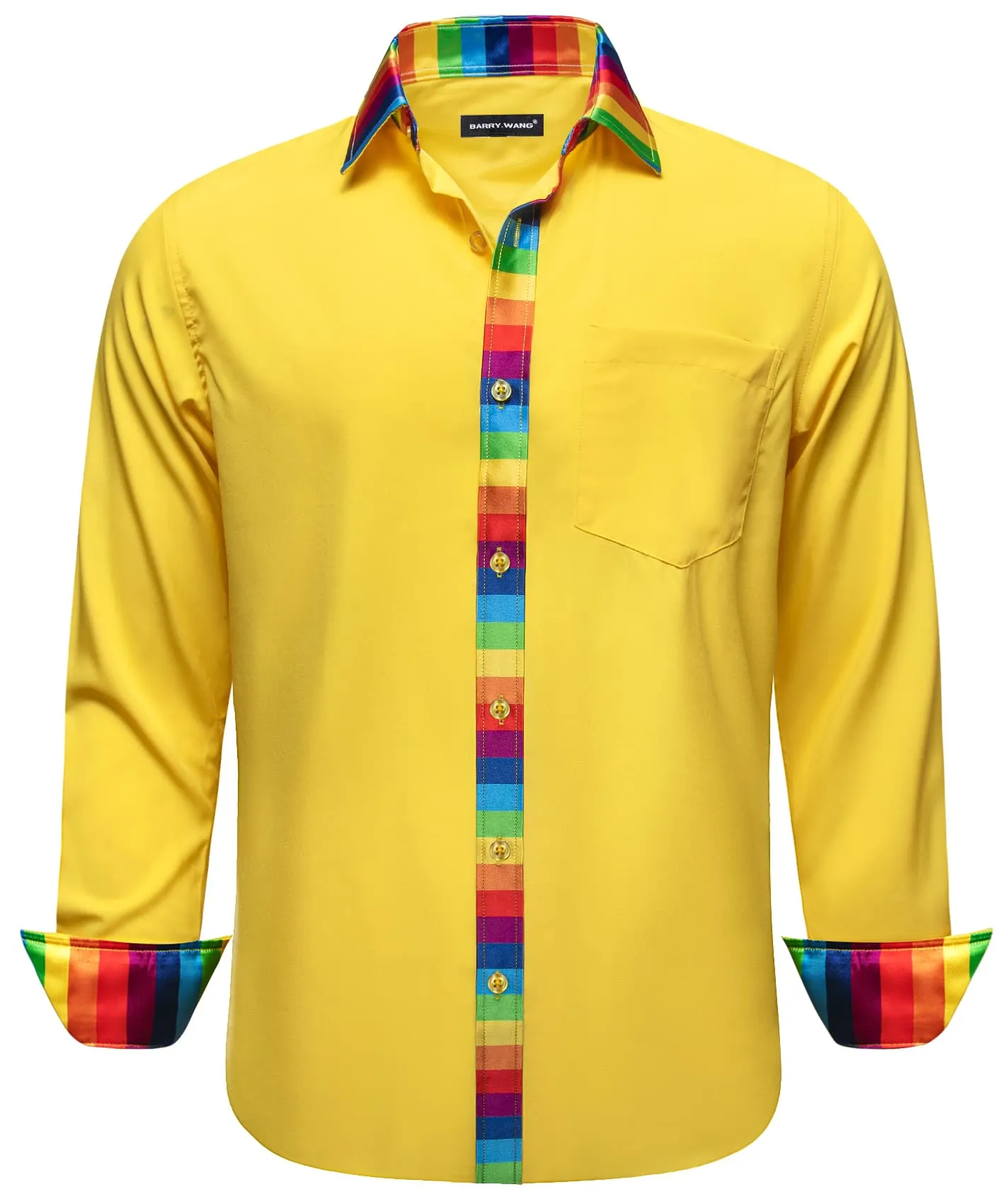 Barry Wang Yellow Solid Shirt Splicing Rainbow Color Collar Cuff Shirt