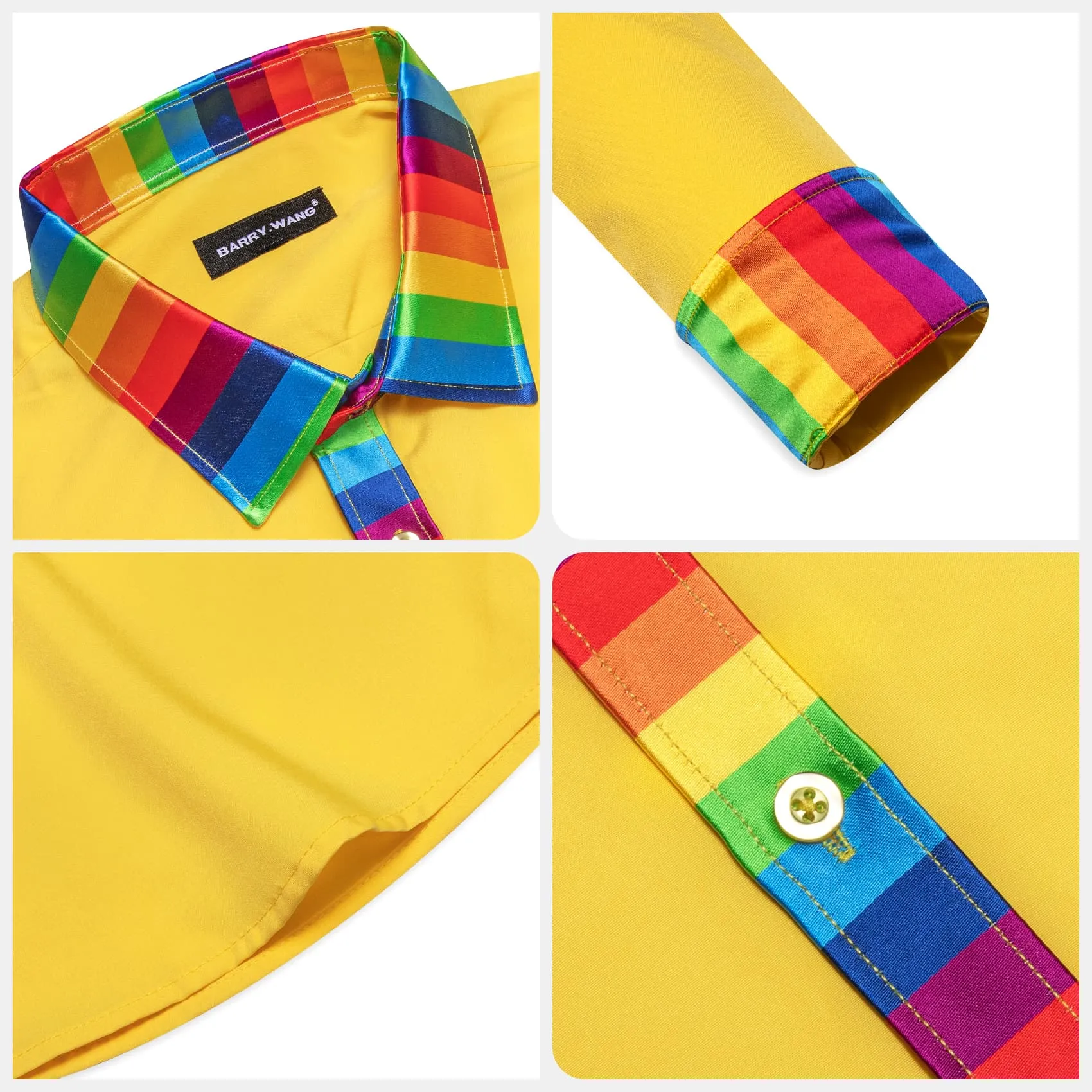 Barry Wang Yellow Solid Shirt Splicing Rainbow Color Collar Cuff Shirt