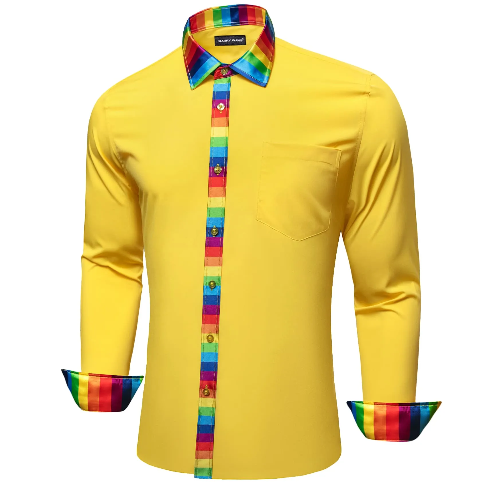 Barry Wang Yellow Solid Shirt Splicing Rainbow Color Collar Cuff Shirt