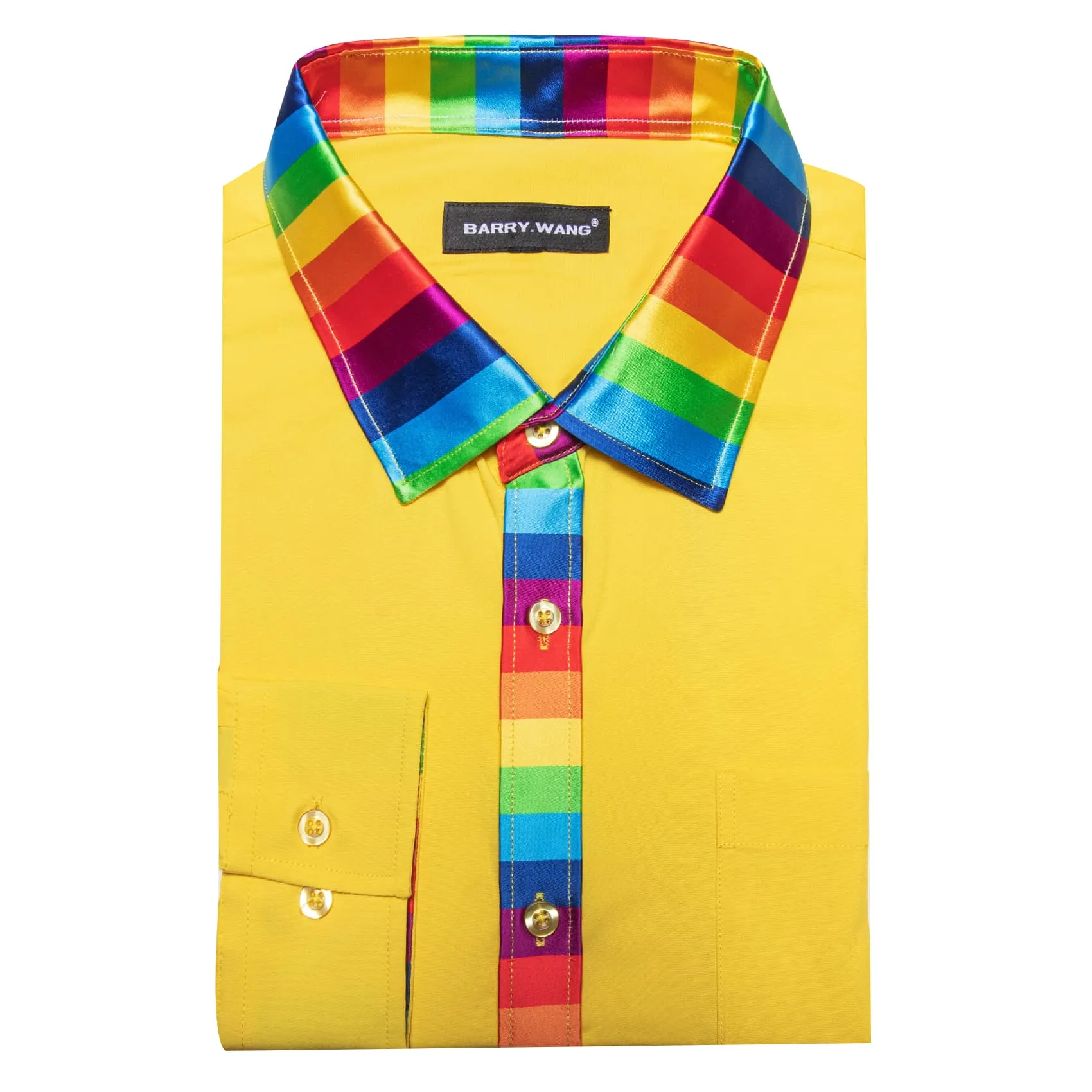 Barry Wang Yellow Solid Shirt Splicing Rainbow Color Collar Cuff Shirt