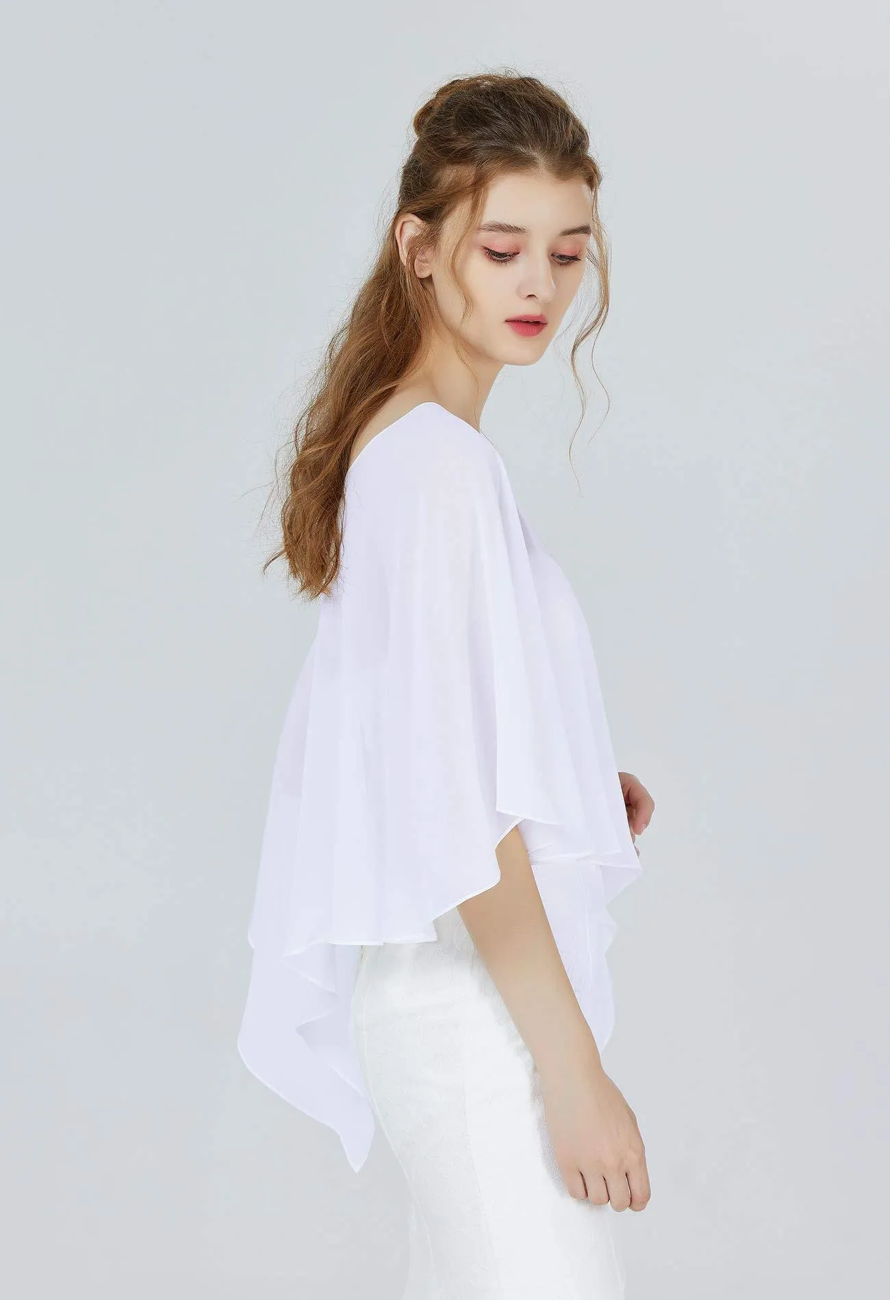 BEAUTELICATE Chiffon Shawl Warps Scarf Cardigans for Women Summer Ladies Bridal Wedding Evening 24 Colors Asymmetrical - White