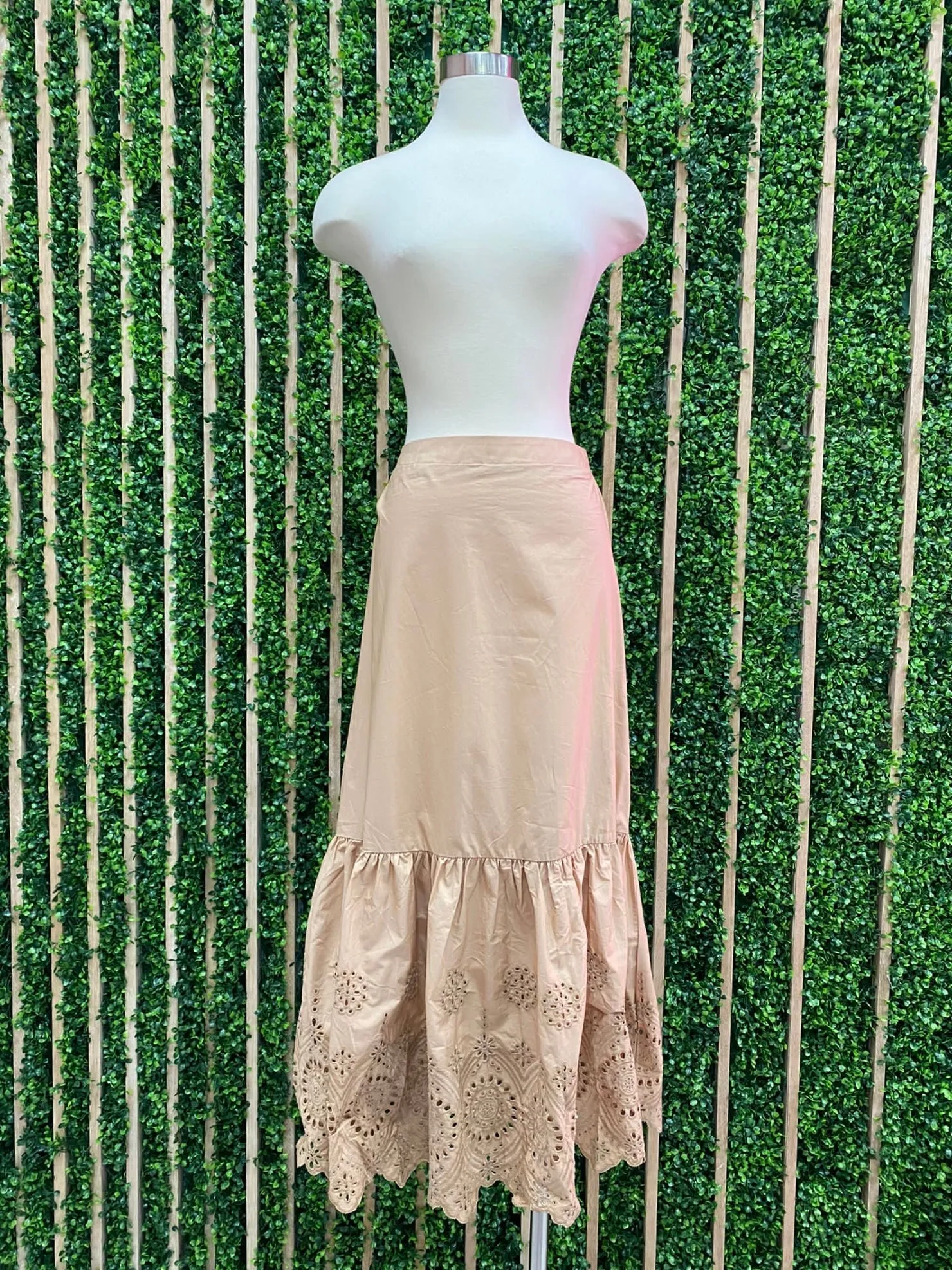 Beige Eyelet Detail Tiered Midi Skirt