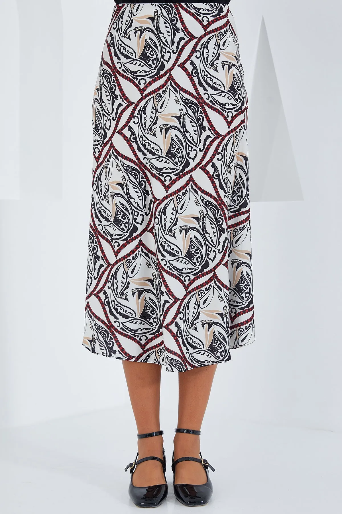 BGD Women Woman Black Red Patterned Satin Skirt 15806 - Avondale