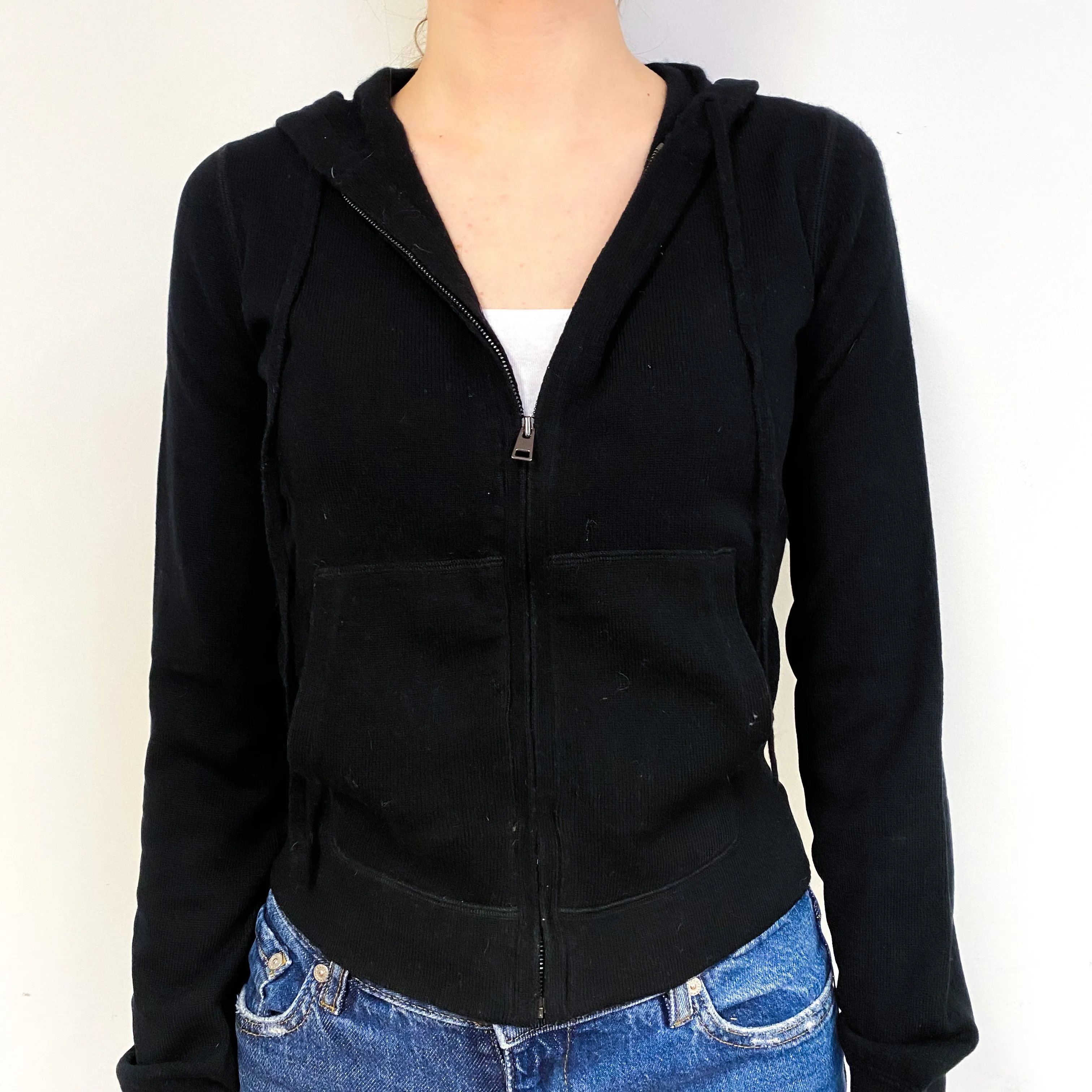 Black Cashmere Zip Front Hoodie Cardigan Extra Small