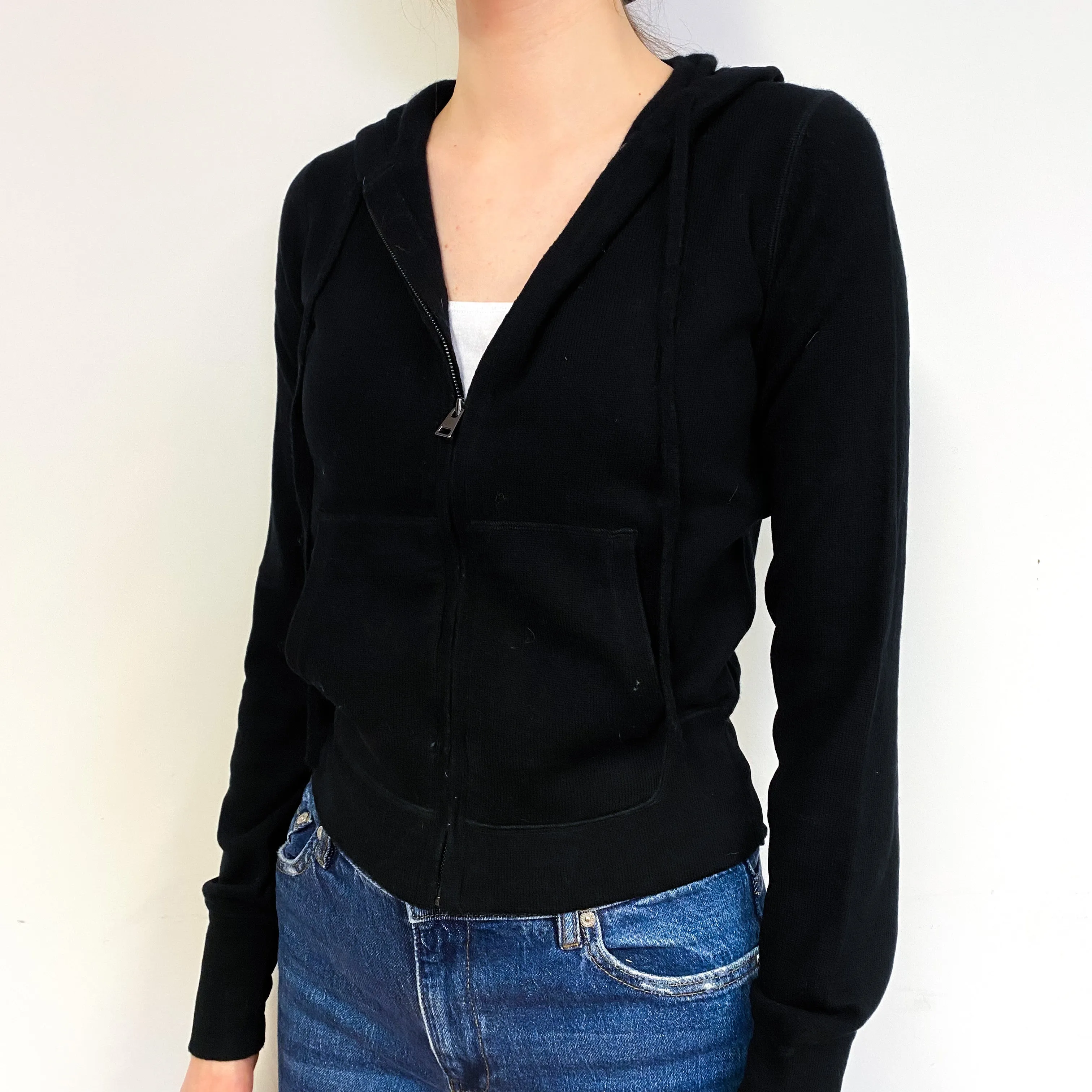 Black Cashmere Zip Front Hoodie Cardigan Extra Small