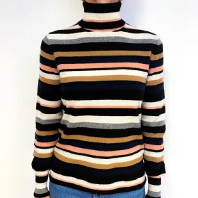 Black, Cream, Toffee Brown And Pink Striped Cashmere Polo Neck Jumper Medium