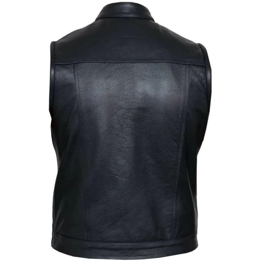 Black Cut Off Gilet Cowhide Leather Mens Waistcoat Vest Sons of Anarchy