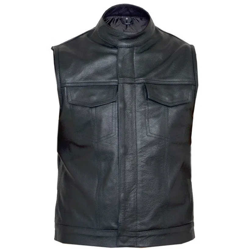 Black Cut Off Gilet Cowhide Leather Mens Waistcoat Vest Sons of Anarchy