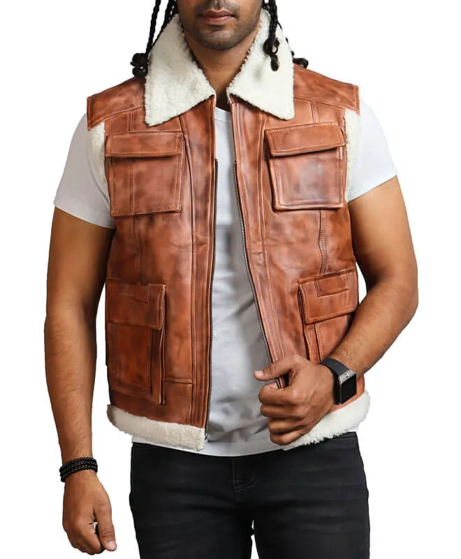 Brown Winter Leather Vest With Fur Lining