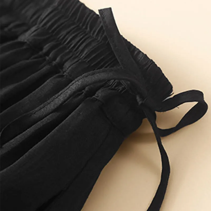 Buddha Stones Plain Lace Up Elastic Waist Linen Women's Skirt With Pockets