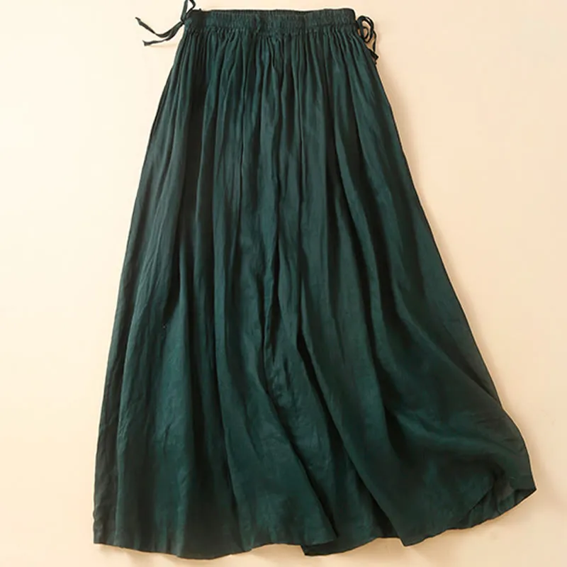 Buddha Stones Plain Lace Up Elastic Waist Linen Women's Skirt With Pockets