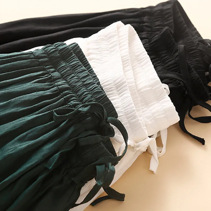 Buddha Stones Plain Lace Up Elastic Waist Linen Women's Skirt With Pockets