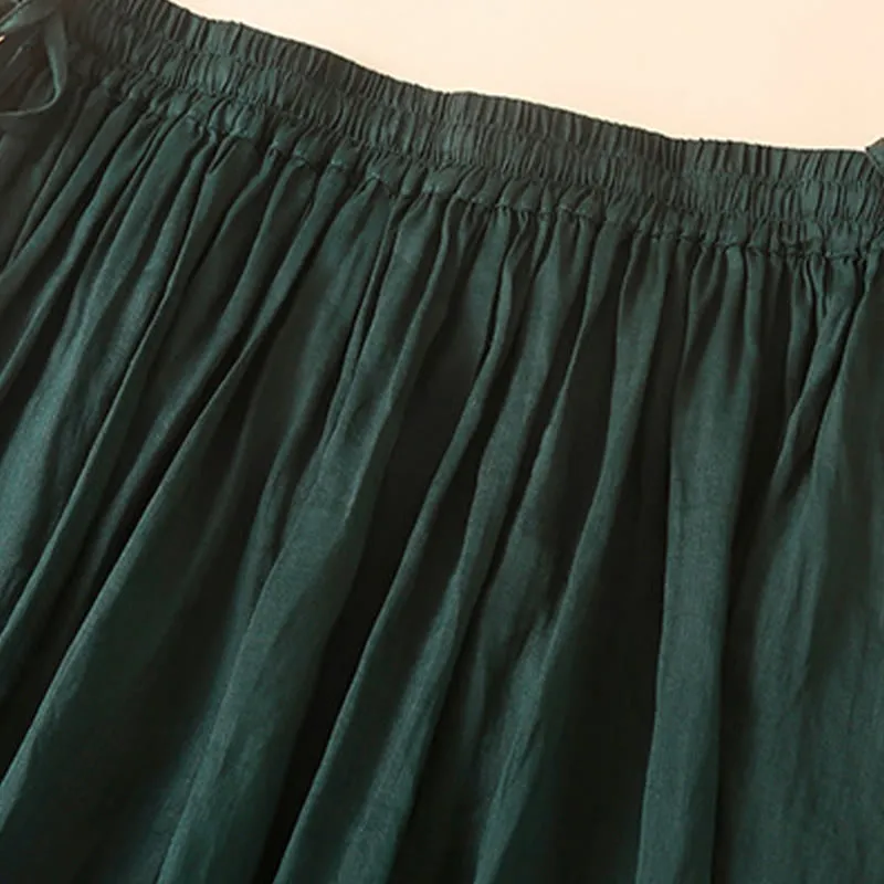 Buddha Stones Plain Lace Up Elastic Waist Linen Women's Skirt With Pockets