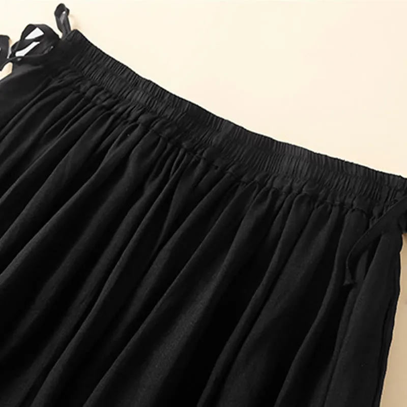 Buddha Stones Plain Lace Up Elastic Waist Linen Women's Skirt With Pockets