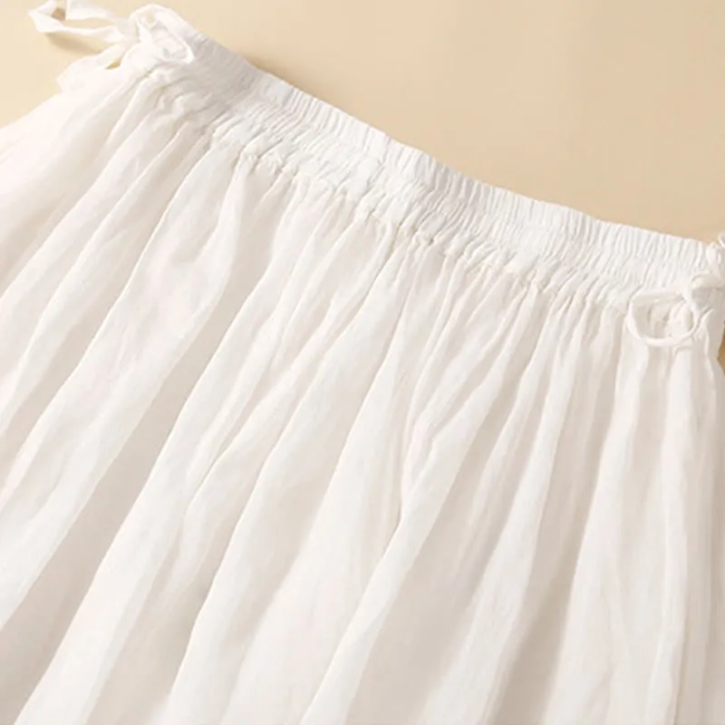 Buddha Stones Plain Lace Up Elastic Waist Linen Women's Skirt With Pockets