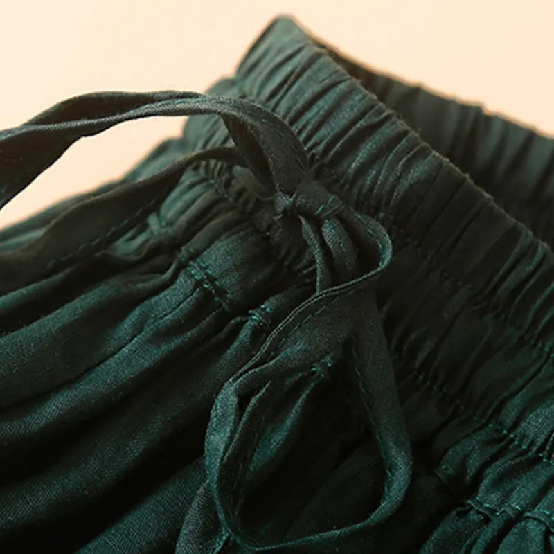 Buddha Stones Plain Lace Up Elastic Waist Linen Women's Skirt With Pockets