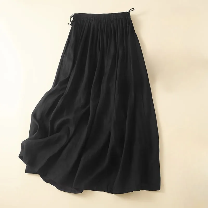 Buddha Stones Plain Lace Up Elastic Waist Linen Women's Skirt With Pockets