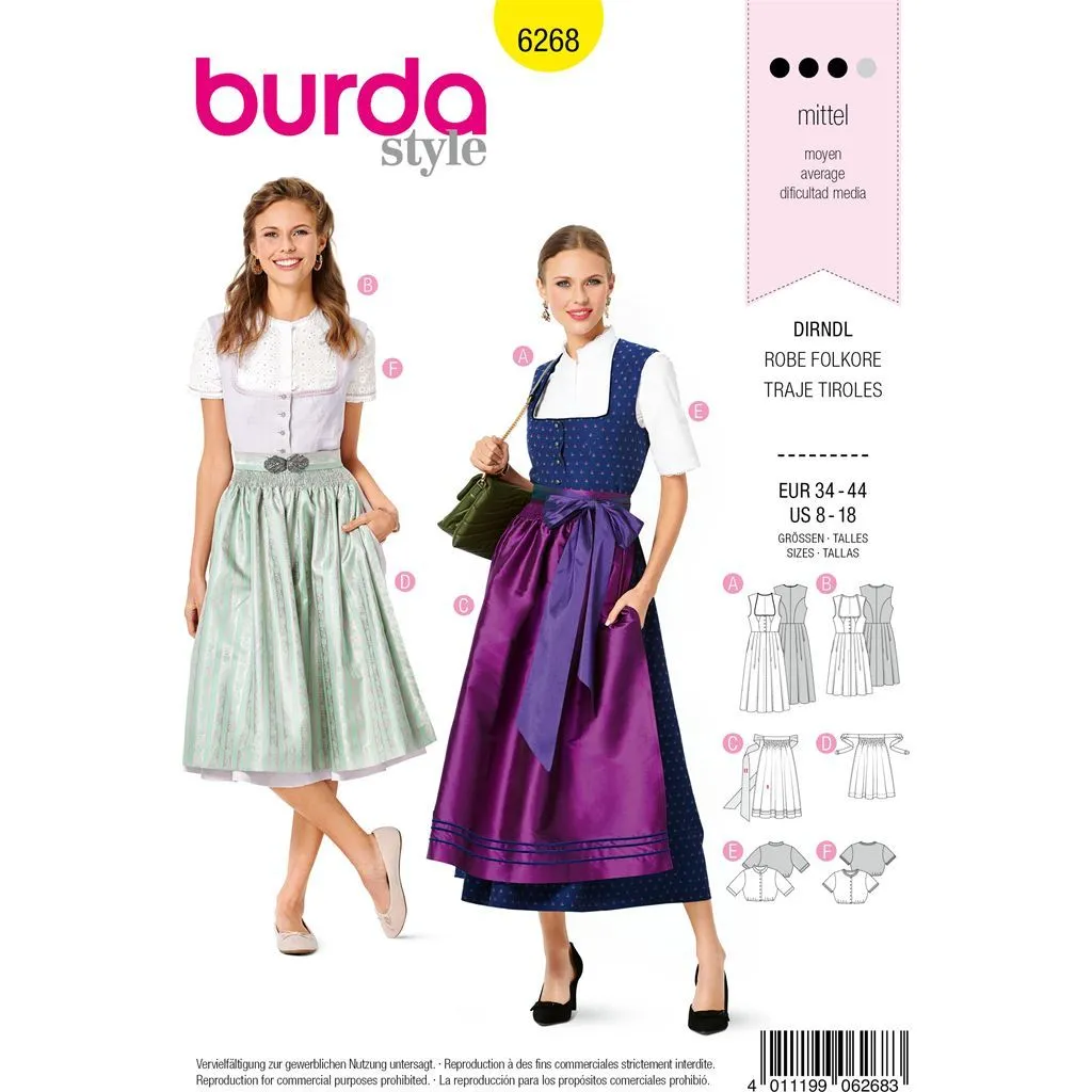 Burda Style Pattern B6268 Misses' Jumper Dress in Dirndl-Style, Blouse and Apron