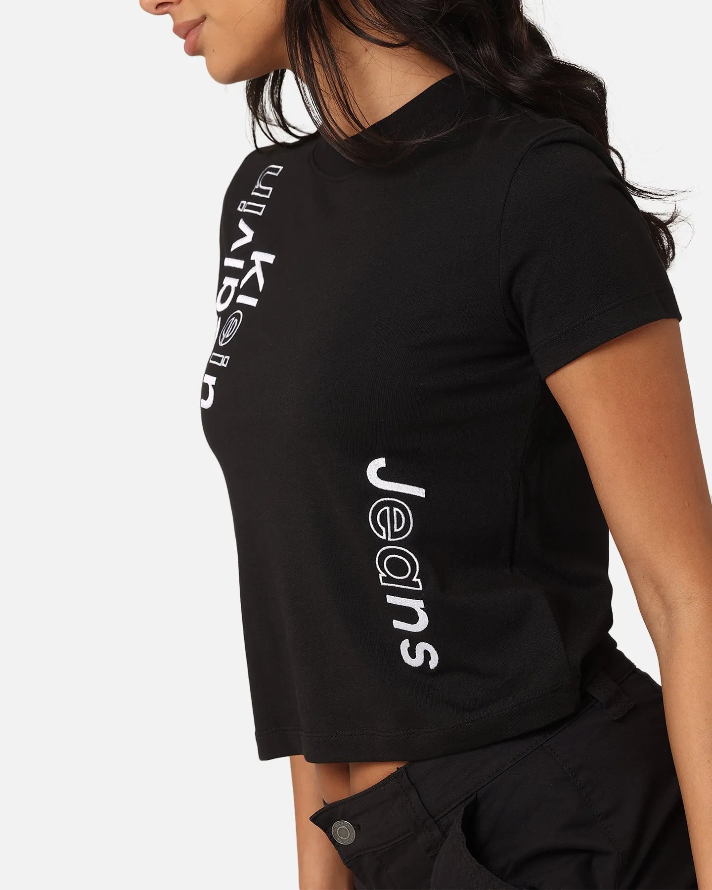 Calvin Klein Women's Multi Placement Logo Baby T-Shirt Black
